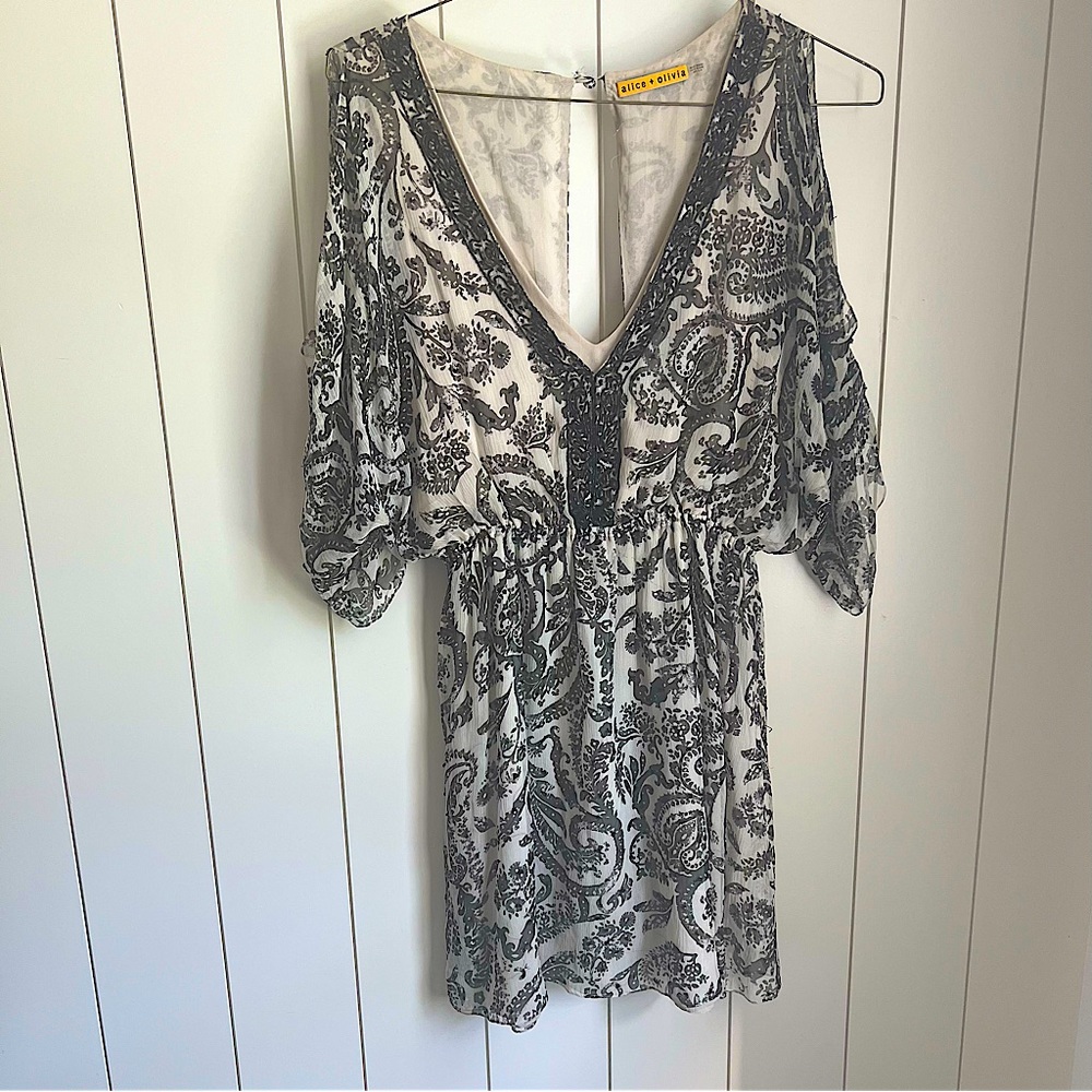 Alice + Olivia cold shoulder printed silk dress with sequins